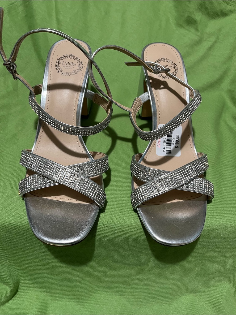 L. Miller Silver Rhinestone Strappy Block-Heel Sandals. NO box